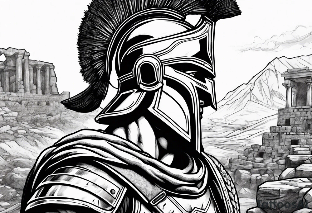 close up of spartan solider looking at distant ruins tattoo idea close up of spartan solider looking at distant ruins tattoo idea