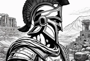 close up of spartan solider looking at distant ruins tattoo idea