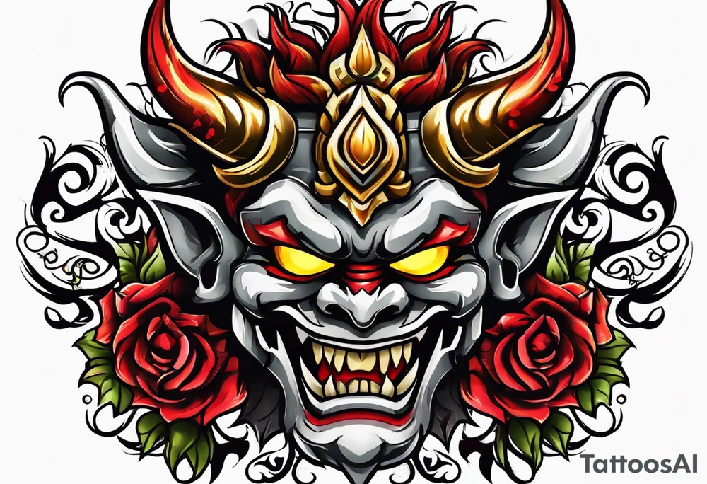 Protection against evil Oni mask tattoo idea