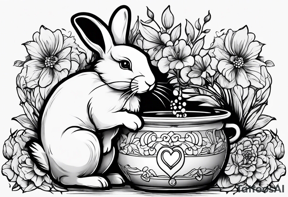 Side view outline of bunny with heart and honey pot tattoo idea