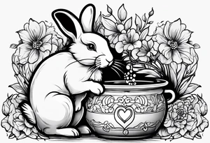 Side view outline of bunny with heart and honey pot tattoo idea