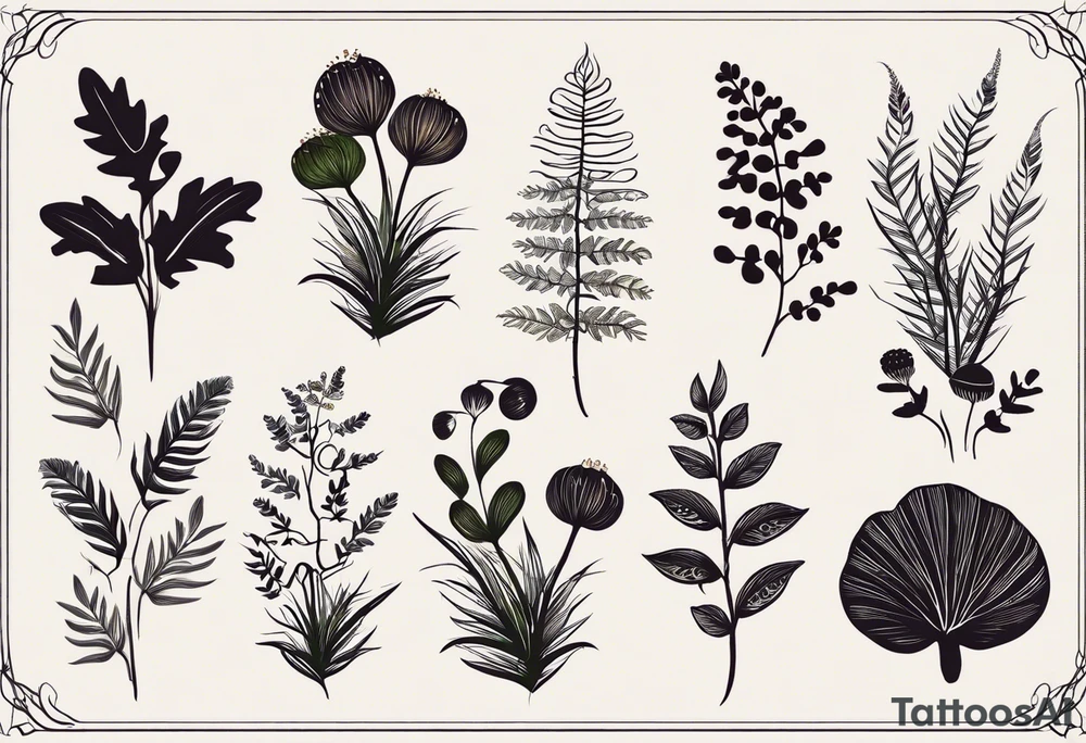 forest floor inspired minimalist tattoo, which includes grass, curly ferns, moss and dead leaves as the bulk of the tattoo. details to include: forest berries, a tiny bumblebee flying nearby, three small brown mushrooms
Generate a vertically long one tattoo idea