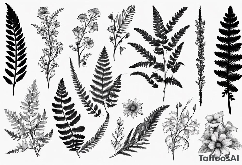 Sword fern and wildflowers tattoo idea