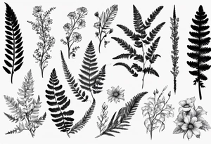 Sword fern and wildflowers tattoo idea