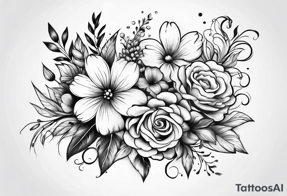 Flower bouquet with 5 flowers skinny tattoo idea