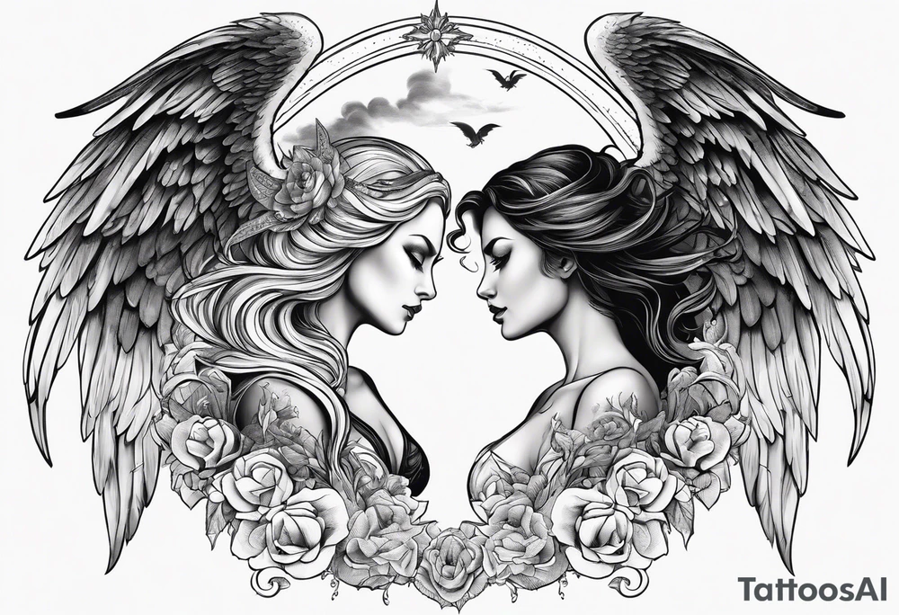 angel woman and devil woman fighting on the sky , big wings , angel at the right , tattoo idea