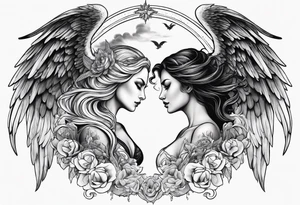 angel woman and devil woman fighting on the sky , big wings , angel at the right , tattoo idea