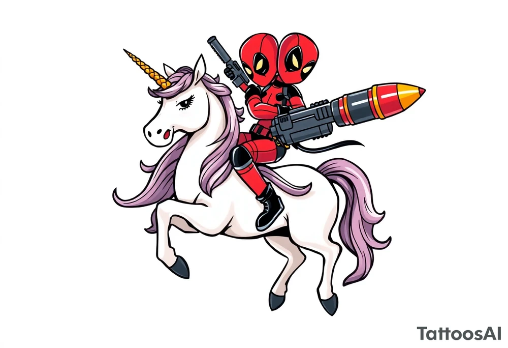 Deadpool riding a unicorn shooting Russian era rocket launcher tattoo idea