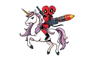 Deadpool riding a unicorn shooting Russian era rocket launcher tattoo idea