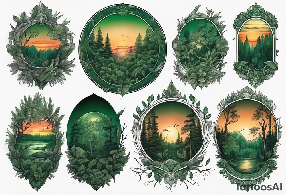 sunset in a dark green lush forrest, detailed, ornament, stunning, high quality, intricate, ultra realistic tattoo idea