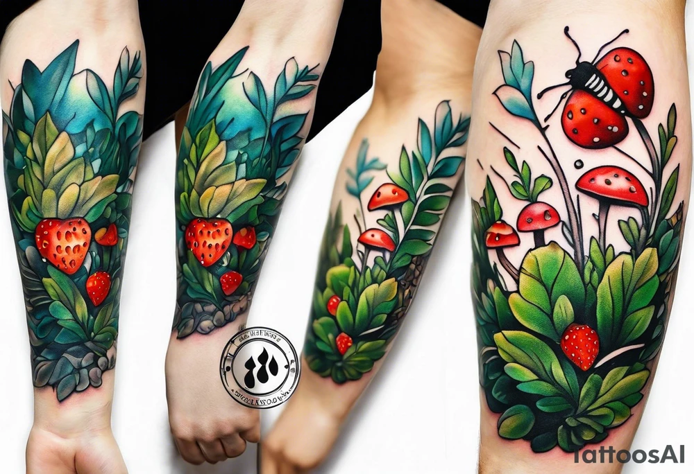 forest floor inspired tattoo, which includes grass, curly ferns and dead leaves as the bulk of the tattoo. details to include: three  tiny strawberries, couple of very small mushrooms, a tiny bumblebee flying nearby tattoo idea
