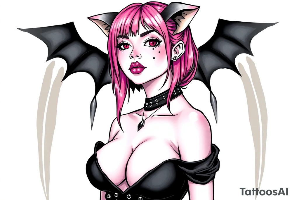 hot goth girl with puppy ears and with piercings on face and big boobs and big butt with black outfit on with pink hair tattoo idea