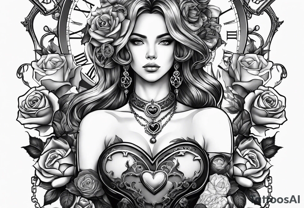 Women holding a mechanical heart roses, time watch, lion, strength tattoo idea