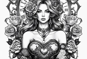Women holding a mechanical heart roses, time watch, lion, strength tattoo idea
