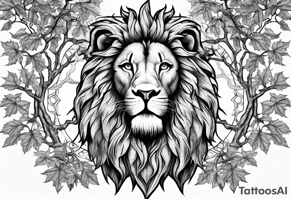 The lion of Judah, which is Jesus Christ, is tied and intertwined within a maple tree. Incorporate a cross as well tattoo idea