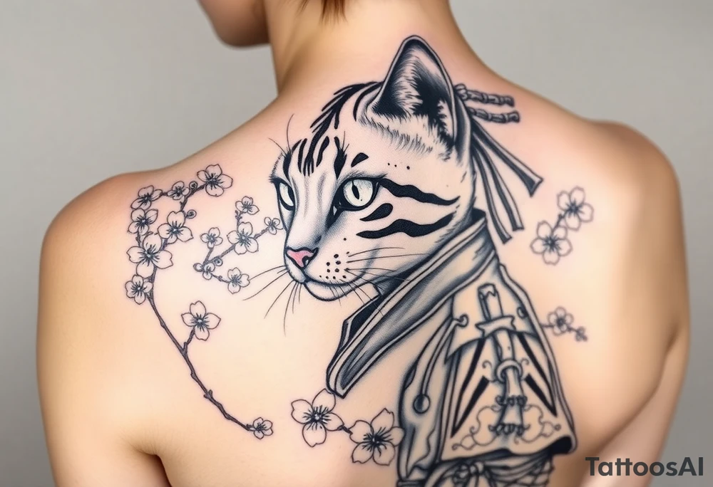 Bengal cat that’s missing one eye , dressed as a Japanese samurai warrior surrounded by cherry blossoms tattoo idea