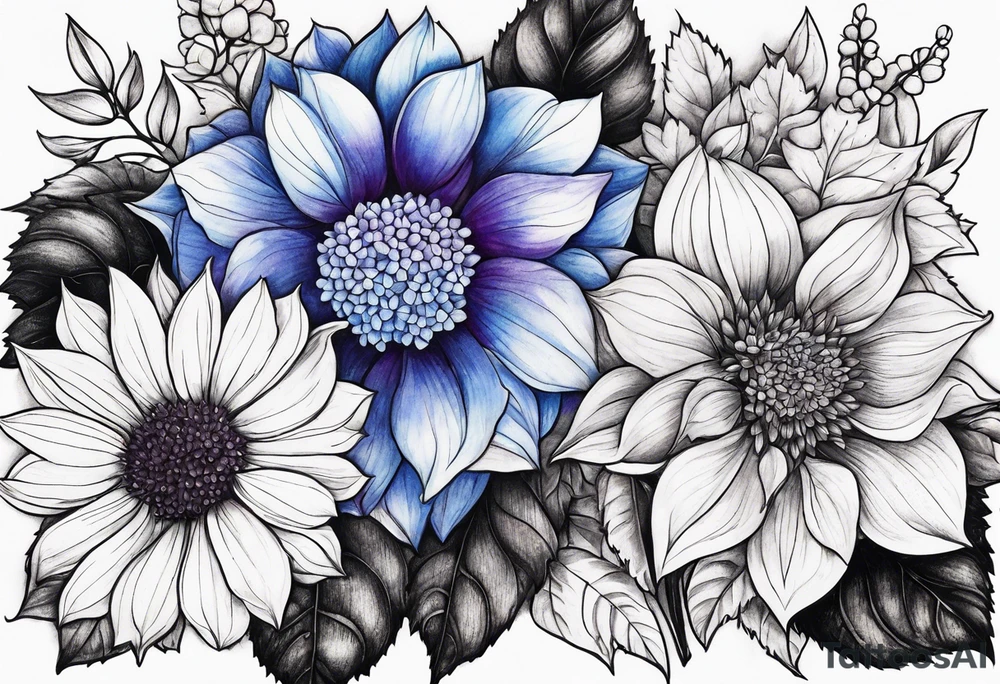 Blue and purple hydrangea flowers with orange sunflowers tattoo idea
