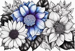 Blue and purple hydrangea flowers with orange sunflowers tattoo idea