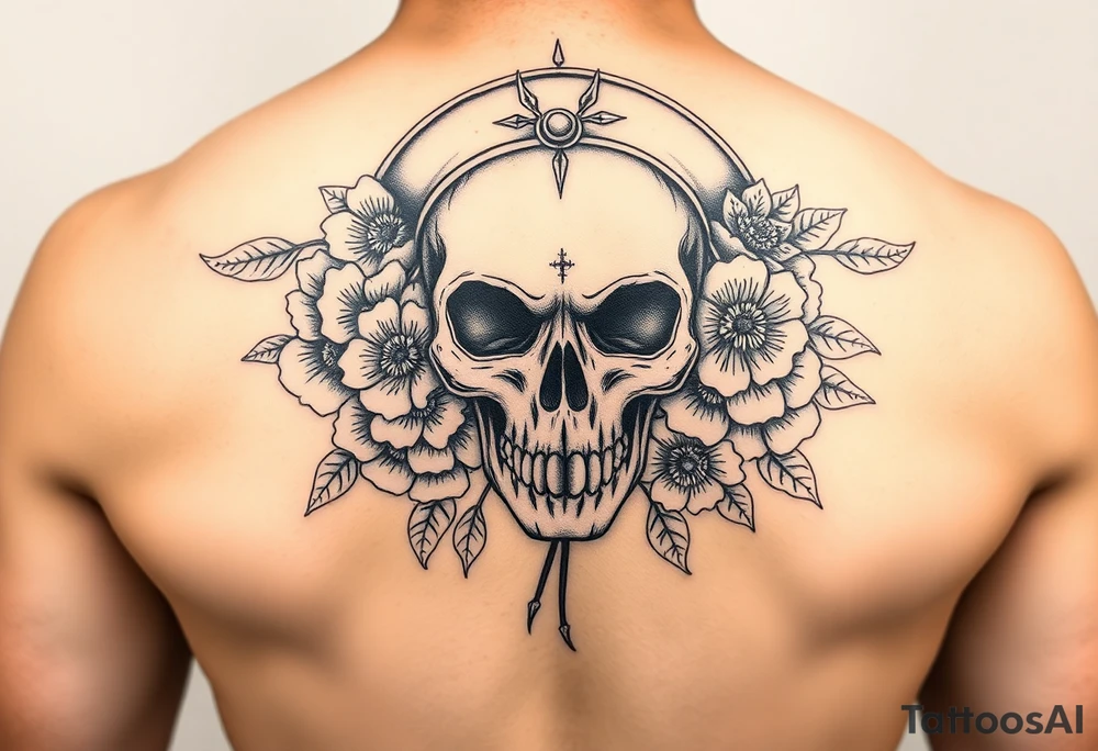 Skull nurse with flower’s and honey combs background tattoo idea