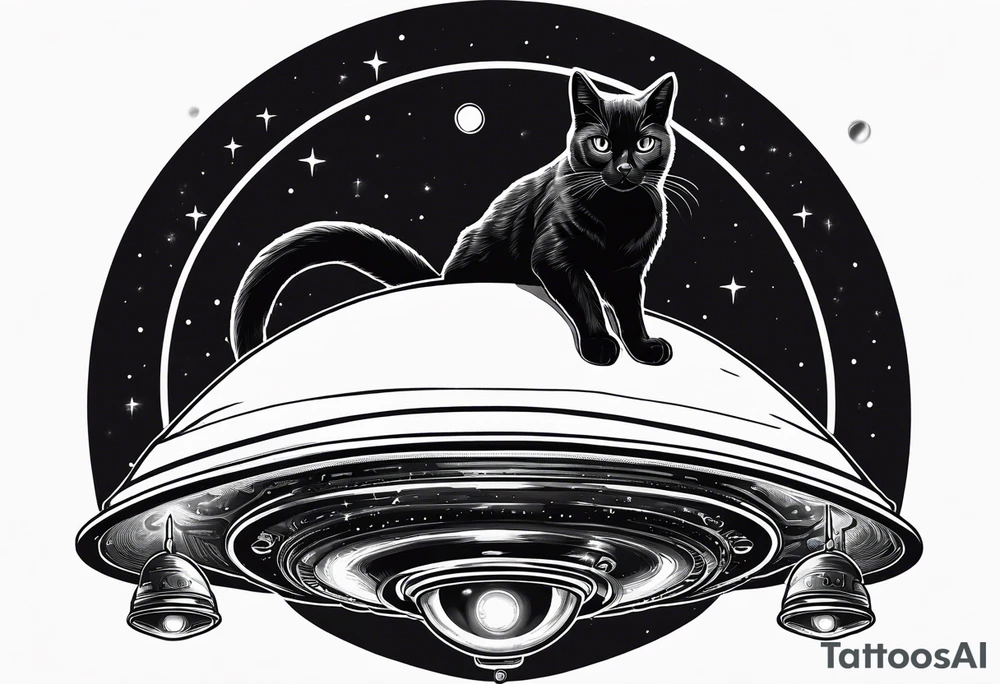A black cat kidnapped by a UFO tattoo idea