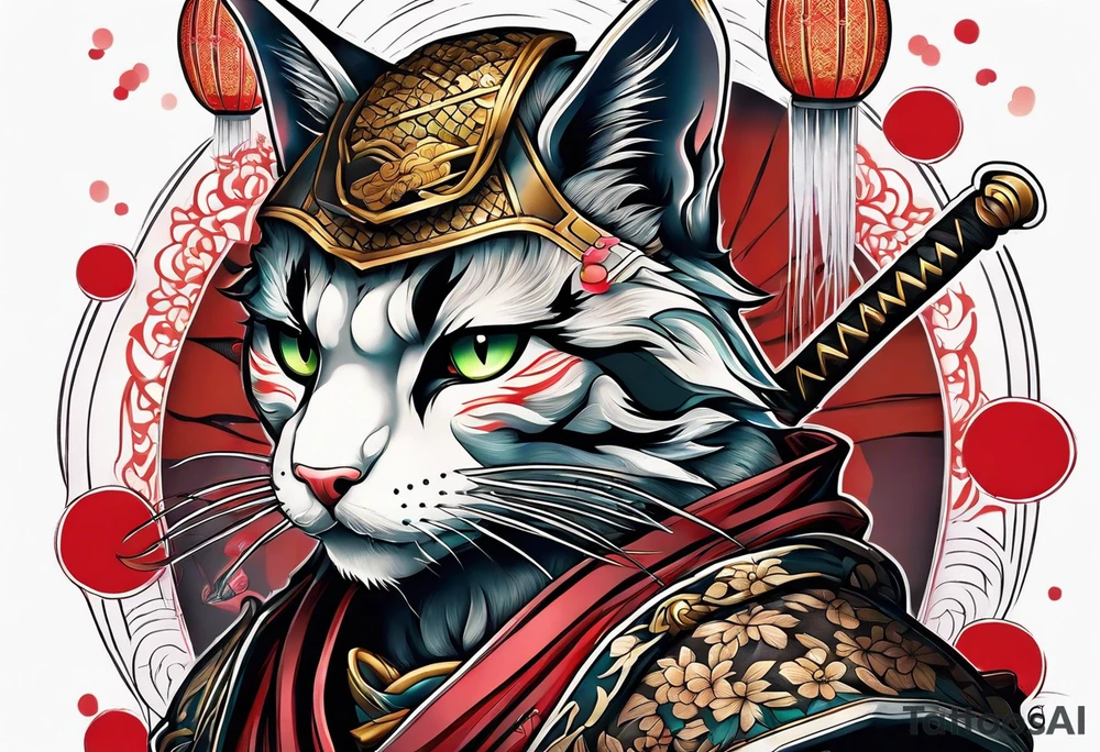 Calf tattoo of a samurai cat tattoo idea