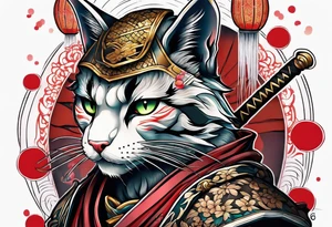 Calf tattoo of a samurai cat tattoo idea