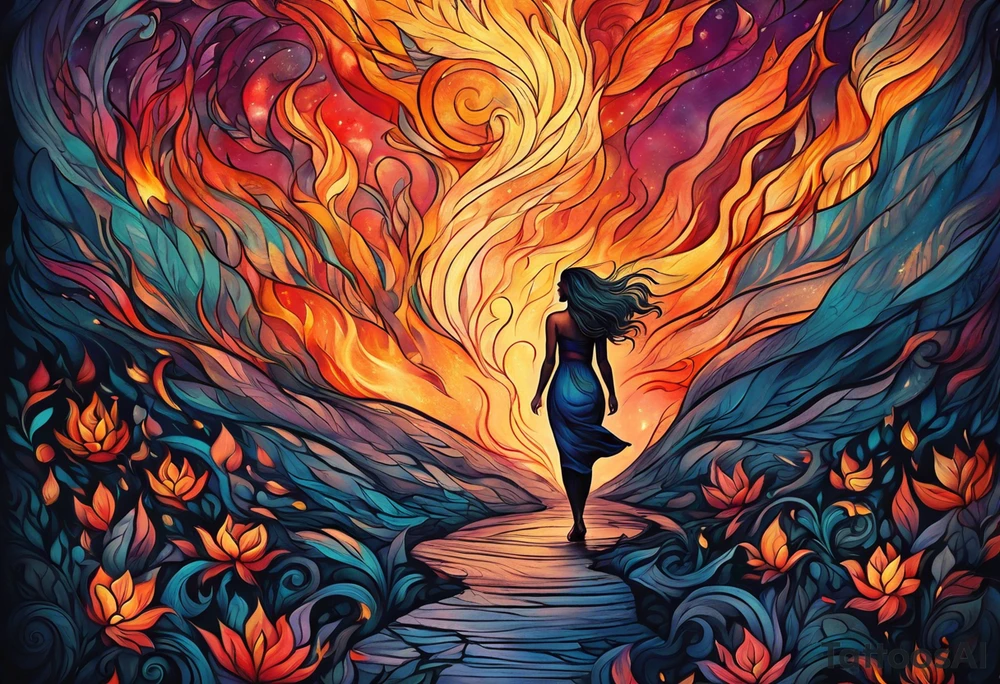 Resurrection strength and courage overcoming trauma Beautiful Woman walking away from 
fire and chaos to inner peace and self-love  ethereal tattoo idea