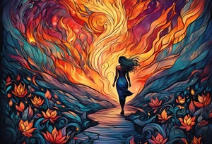 Resurrection strength and courage overcoming trauma Beautiful Woman walking away from 
fire and chaos to inner peace and self-love  ethereal tattoo idea