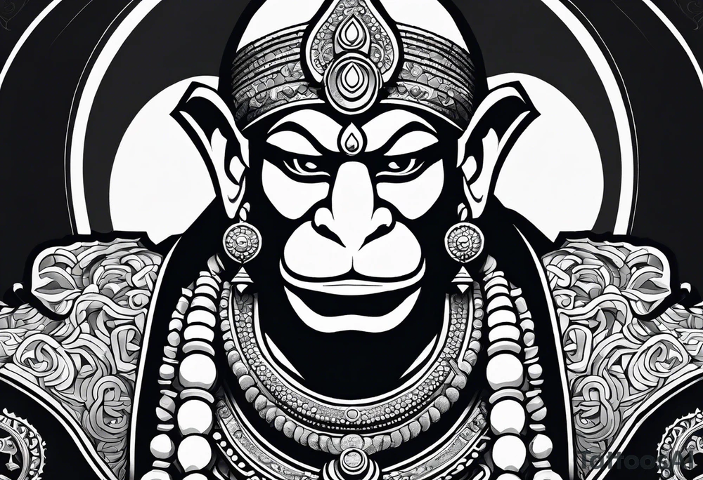 A simplified depiction of Hanuman, focusing on clean lines and minimal detail to capture his essence. Key features like his face, his mace (gada), and his posture could be subtly defined, without overwhelming detail. Avoid intricate textures, focusing more on silhouette and key symbolic elements. tattoo idea
