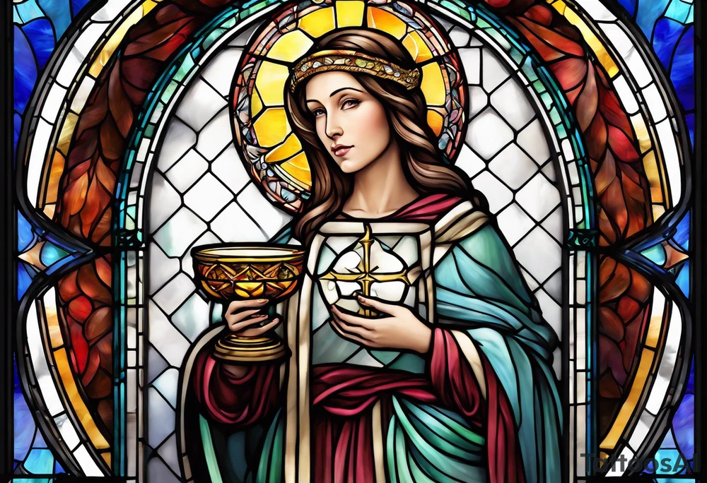 holy saint woman with halo stained glass holding a chalice tattoo idea