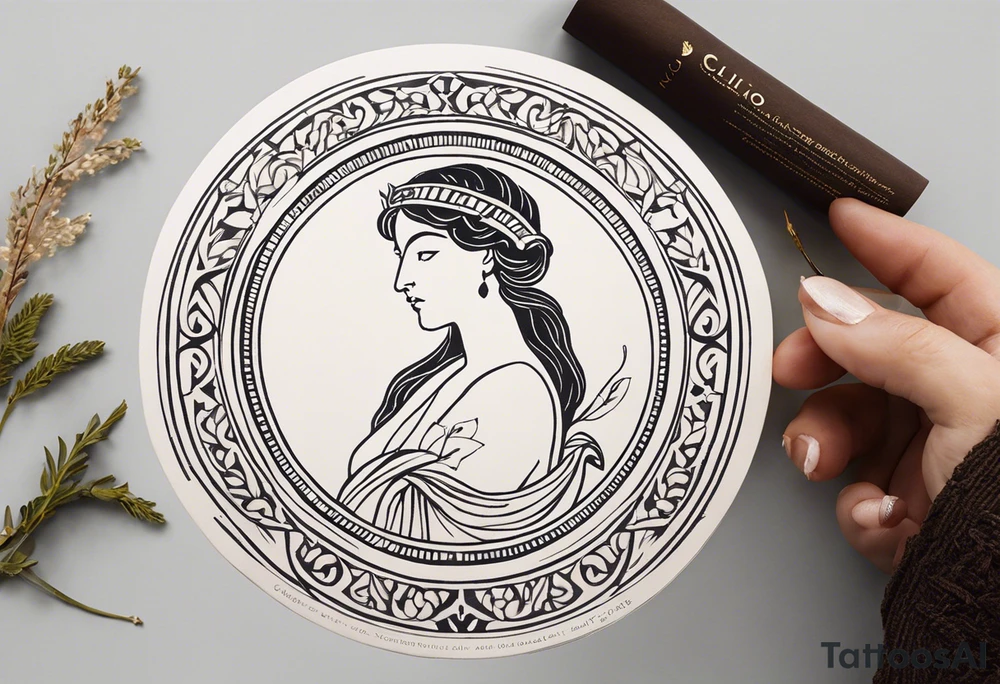 "Craft a minimalist round tattoo inspired by ancient Greek art, featuring Clio, the muse of history and lyre-playing. Design a circular composition with Clio depicted in the center, holding a scroll and a lyre. Surround her with simple yet symbolic elements such as laurel wreaths, scrolls, or geometric patterns reminiscent of ancient Greek pottery. Ensure the design maintains a minimalist style, with clean lines and limited detail, while capturing the essence of Clio's affinity for knowledge and the arts within the circular frame." tattoo idea