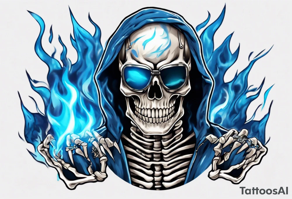 A skeleton welding with blue fire behind, with a welding mask tattoo idea