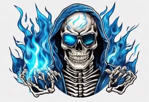 A skeleton welding with blue fire behind, with a welding mask tattoo idea