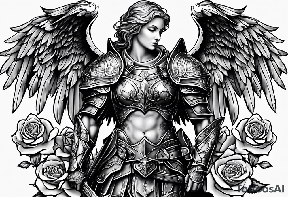 Angel in armor with roses tattoo idea