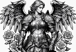 Angel in armor with roses tattoo idea