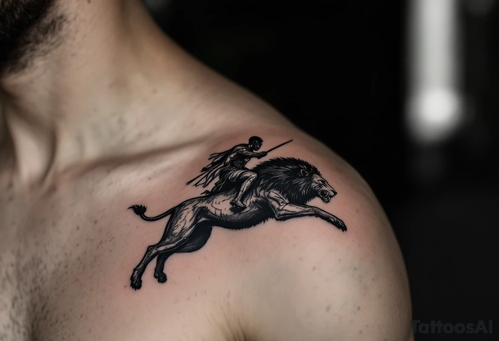 African warrior riding on top of lion into battle tattoo idea