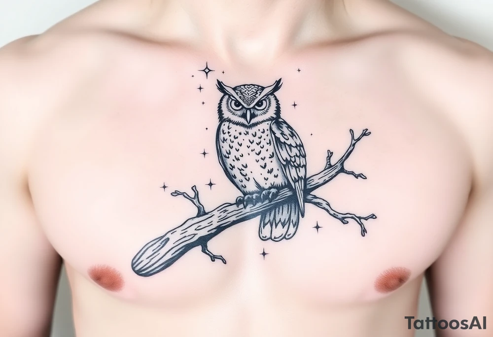 wise owl perched on ancient oak branch under starlit sky tattoo idea