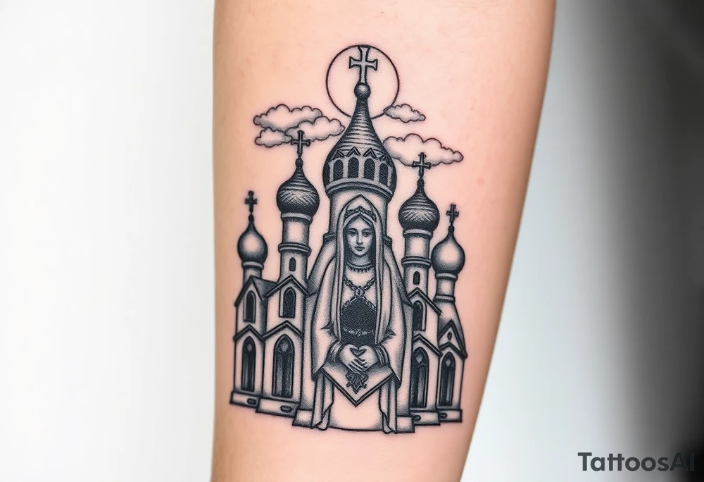 Russian Orthodox church with orthodox spire crosses, with a glow around the church, clouds above it and a virgin mary seperately looking over hands on heart sat above tattoo idea