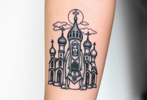 Russian Orthodox church with orthodox spire crosses, with a glow around the church, clouds above it and a virgin mary seperately looking over hands on heart sat above tattoo idea