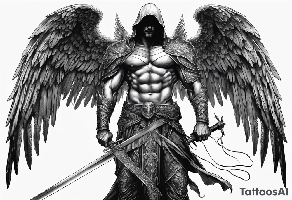 realistic angel of death, man, full body, no face visible, holding one sword, sword vertically pointing downwards, both hands are holding the sword tattoo idea
