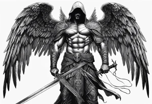realistic angel of death, man, full body, no face visible, holding one sword, sword vertically pointing downwards, both hands are holding the sword tattoo idea