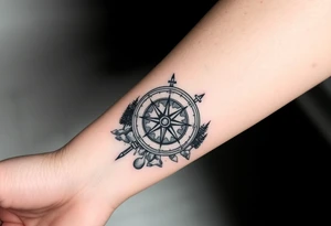 Nature including a compass as the centerpiece with mountains and trees in the background tattoo idea