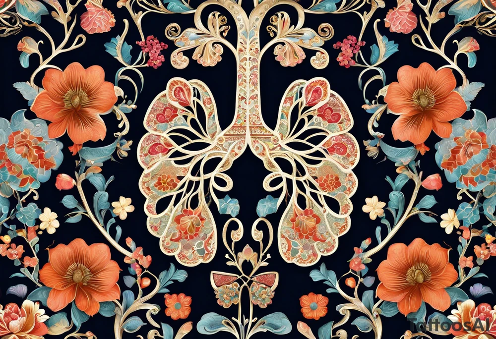 intricate and artistic arrangement of flowers and ornamental patterns that come together to form the shape of human lungs. The design should have a balance of delicacy and detail, with vibrant floral elements seamlessly intertwining to mimic the structure of the lungs, including the bronchi branching into floral motifs. Incorporate subtle shading and depth to give the tattoo a dynamic and organic feel, while maintaining elegance and symmetry tattoo idea