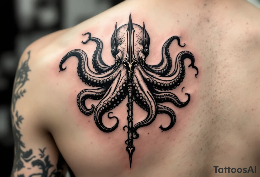 giant octopus around a trident tattoo idea