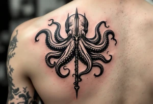 giant octopus around a trident tattoo idea