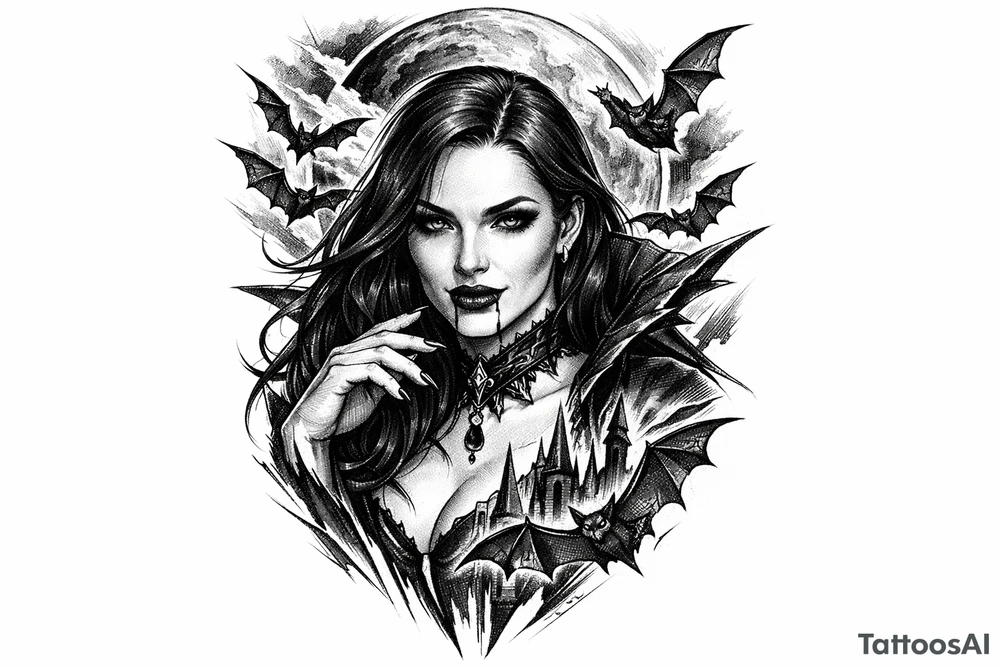 female vampire,bats,full moon. tattoo idea