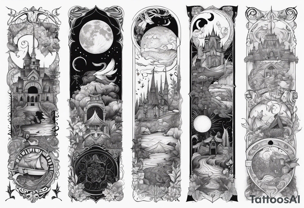 Fantasy story collage tattoo sleeve tattoo idea