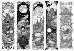 Fantasy story collage tattoo sleeve tattoo idea