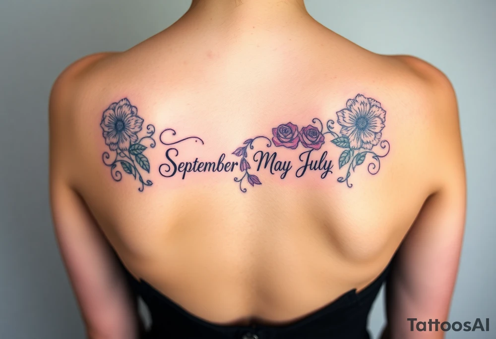 Tattoo on back that represents my family’s birthdays, January, September, June, May, July tattoo idea