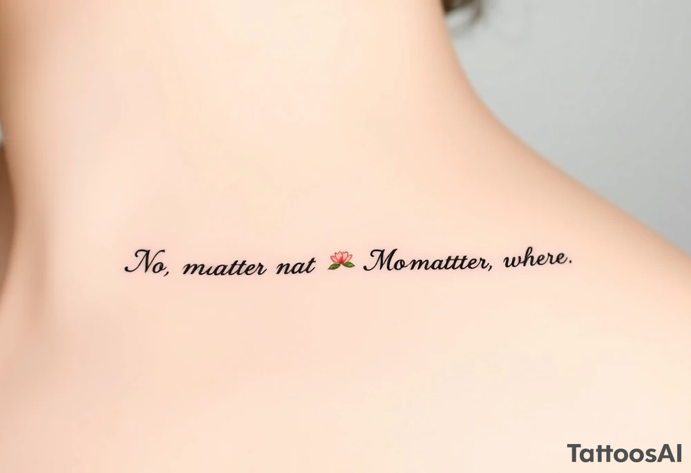 A delicate cursive tattoo with the quote ‘No matter what’ (for one person) and ‘No matter where’ (for the other), placed along the collarbone. At the end of each quote, incorporate a soft, feminine flower design — such as a small lotus, daisy, or wildflower — that flows naturally from the end of the text, as if the flower is part of the lettering or subtly blooming from the last word.
Design should feel light, elegant, and symbolic of connection and unconditional love between mother and daughter. Style should be fine line or single-needle, black ink only, minimalistic and graceful. tattoo idea